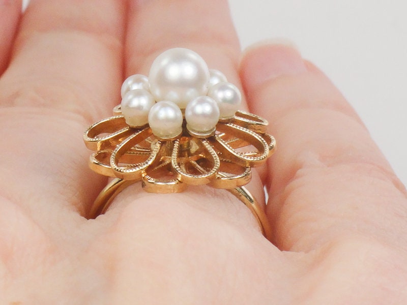 Vintage 14k Yellow Gold Cultured Pearl Floral Ring, June Birthstone Ring, Size 4.5