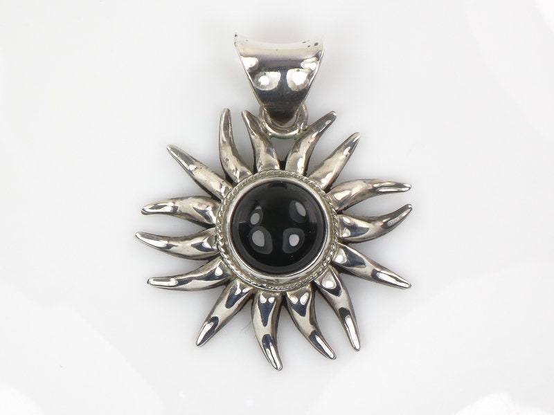 Vintage Large Sterling Silver Black Onyx Sun Pendant Made in Mexico