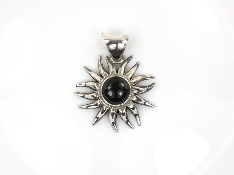 Vintage Large Sterling Silver Black Onyx Sun Pendant Made in Mexico