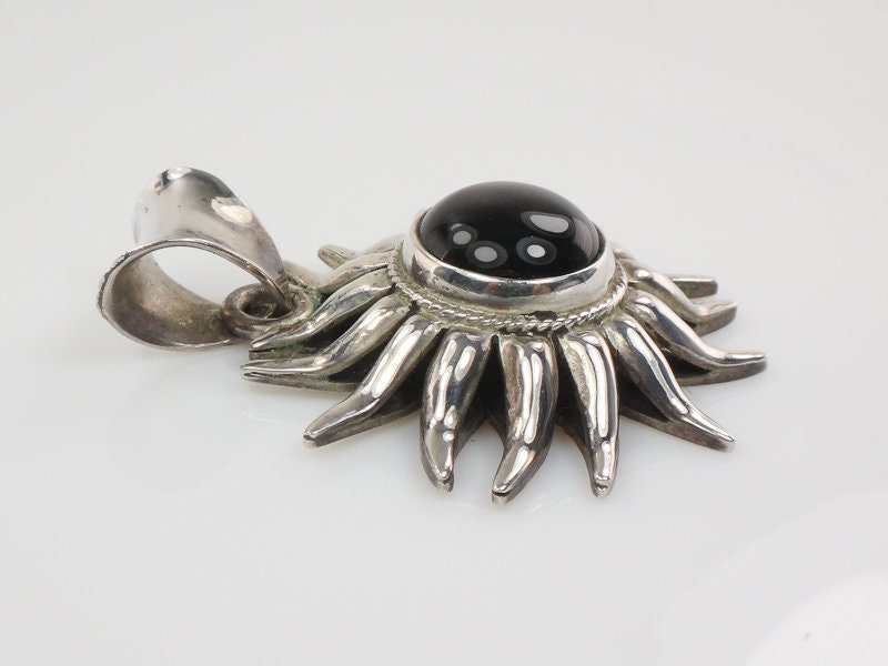 Vintage Large Sterling Silver Black Onyx Sun Pendant Made in Mexico