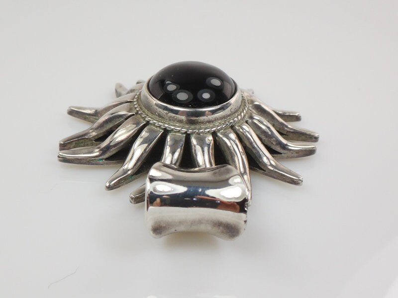 Vintage Large Sterling Silver Black Onyx Sun Pendant Made in Mexico