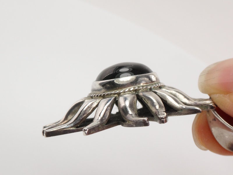 Vintage Large Sterling Silver Black Onyx Sun Pendant Made in Mexico