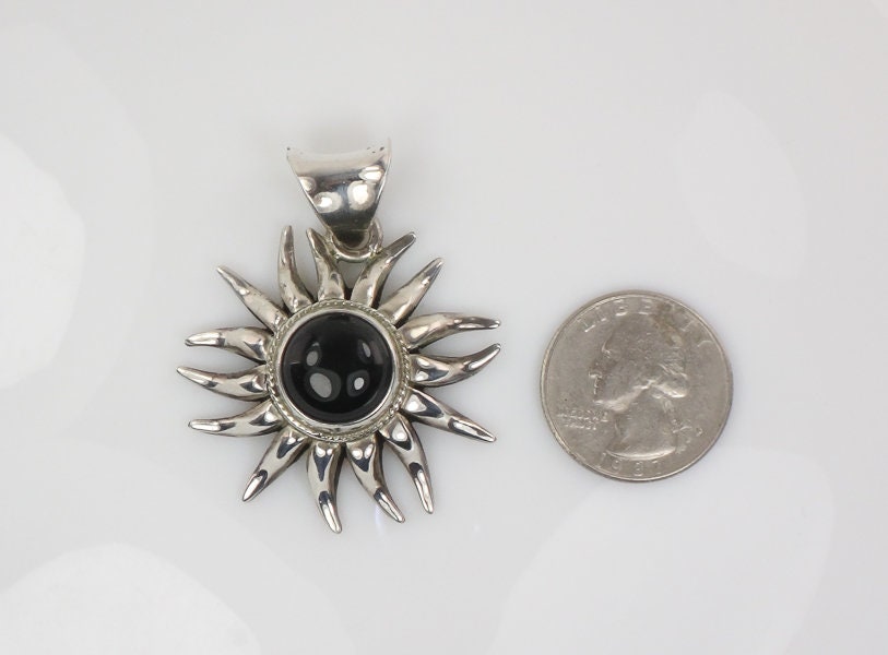 Vintage Large Sterling Silver Black Onyx Sun Pendant Made in Mexico