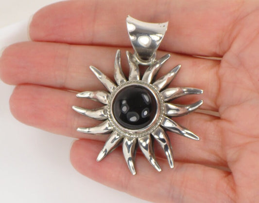 Vintage Large Sterling Silver Black Onyx Sun Pendant Made in Mexico