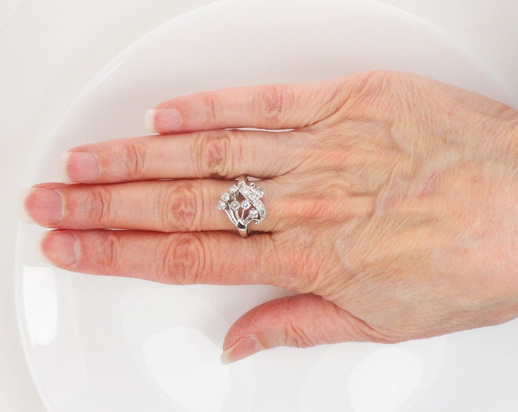 Vintage 14k White Gold Diamond Spray Ring - Retro Cocktail Ring Size 7