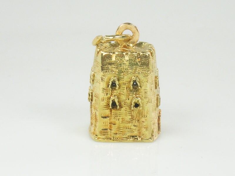 Vintage 18k Yellow Gold Castle Tower Charm, 3D Italy Travel Pendant