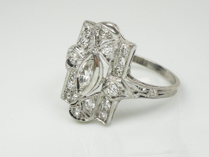 Vintage Platinum Marquise Natural Diamond Cocktail Ring Art Deco 1930's Panel Ring Size 7