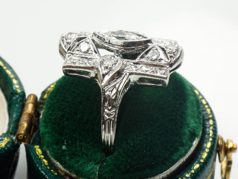 Vintage Platinum Marquise Natural Diamond Cocktail Ring Art Deco 1930's Panel Ring Size 7