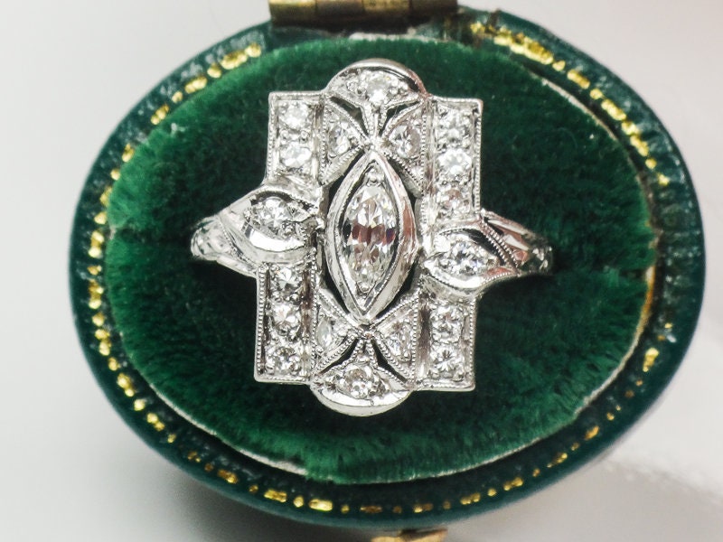 Vintage Platinum Marquise Natural Diamond Cocktail Ring Art Deco 1930's Panel Ring Size 7