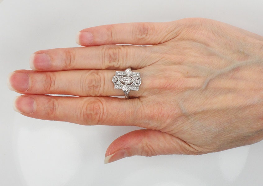 Vintage Platinum Marquise Natural Diamond Cocktail Ring Art Deco 1930's Panel Ring Size 7