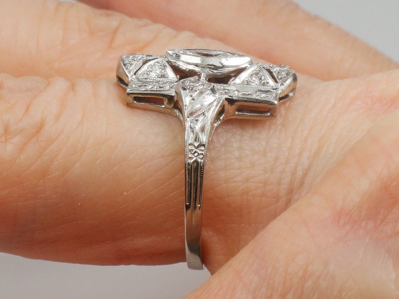 Vintage Platinum Marquise Natural Diamond Cocktail Ring Art Deco 1930's Panel Ring Size 7