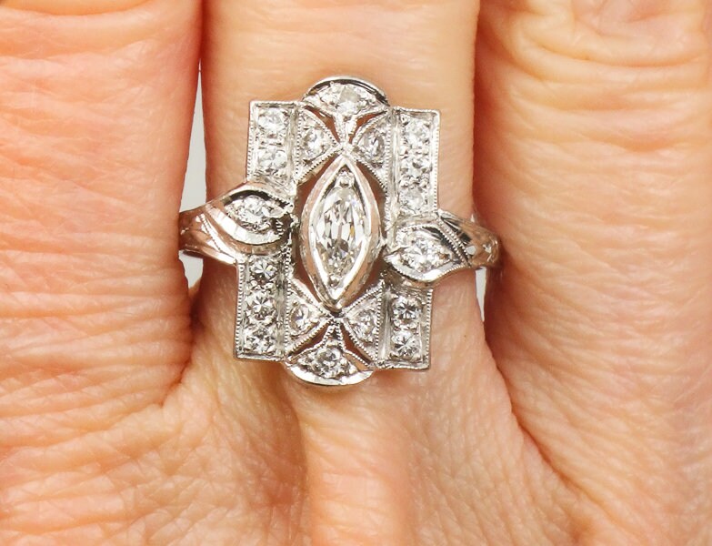 Vintage Platinum Marquise Natural Diamond Cocktail Ring Art Deco 1930's Panel Ring Size 7
