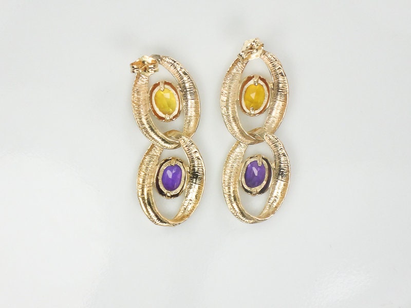 Vintage Large 14k Gold Purple and Yellow Sapphire Dangle Earrings