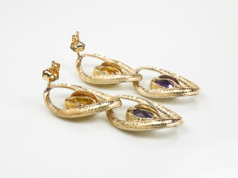 Vintage Large 14k Gold Purple and Yellow Sapphire Dangle Earrings
