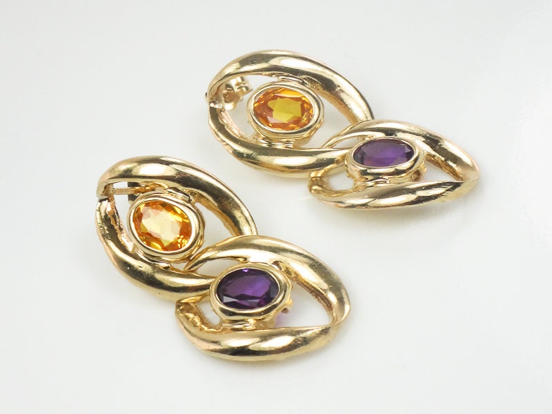 Vintage Large 14k Gold Purple and Yellow Sapphire Dangle Earrings