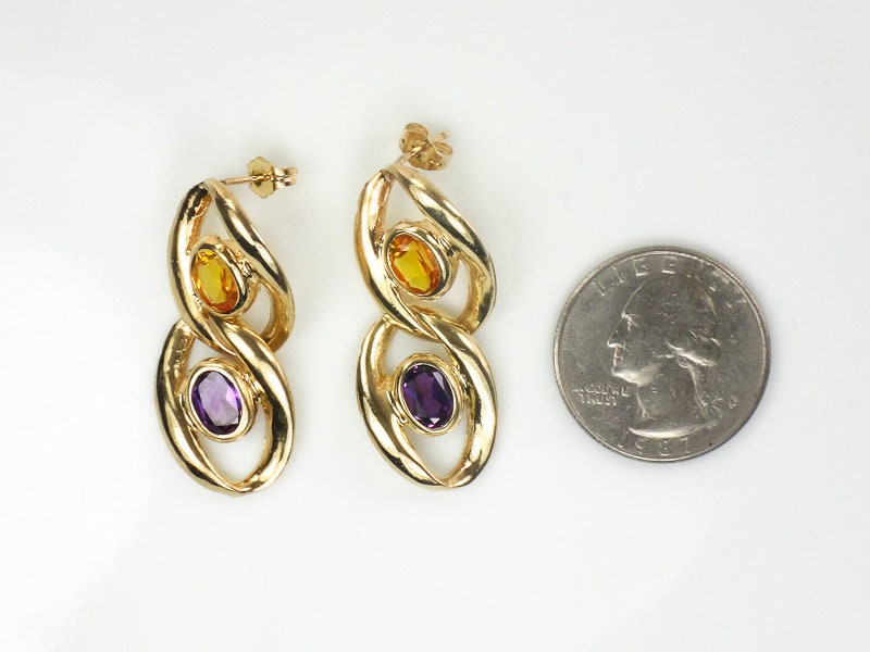 Vintage Large 14k Gold Purple and Yellow Sapphire Dangle Earrings