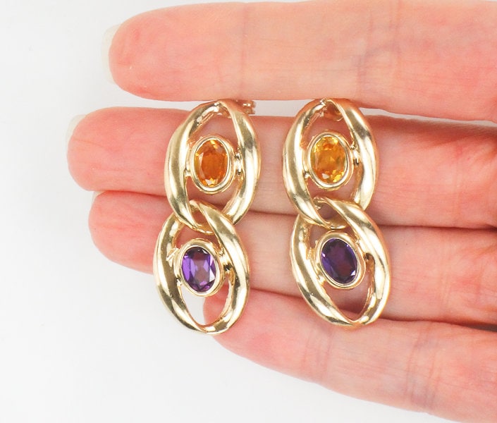 Vintage Large 14k Gold Purple and Yellow Sapphire Dangle Earrings