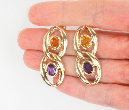 Vintage Large 14k Gold Purple and Yellow Sapphire Dangle Earrings