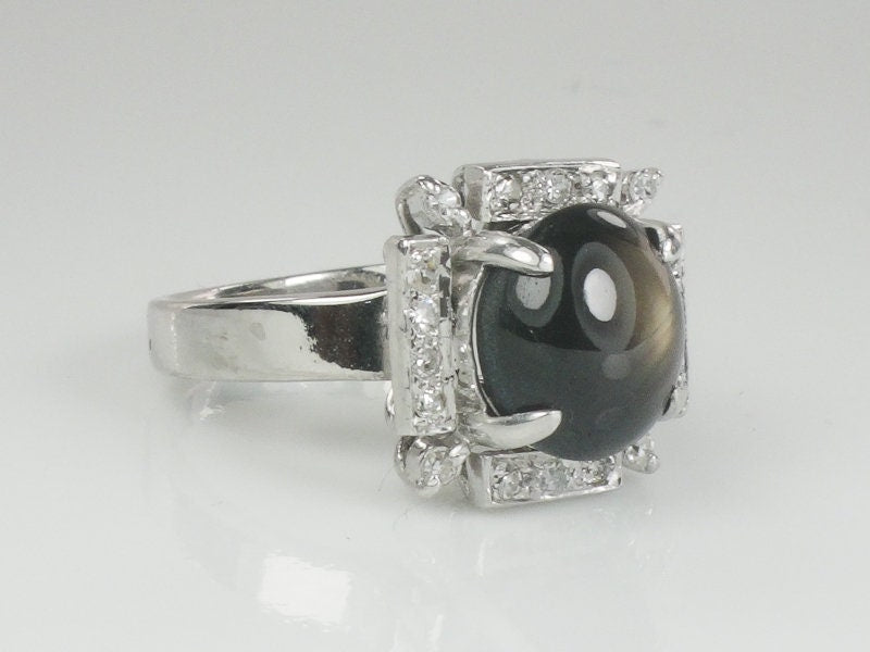 Vintage Platinum Natural Black Star Sapphire and Diamond Ring