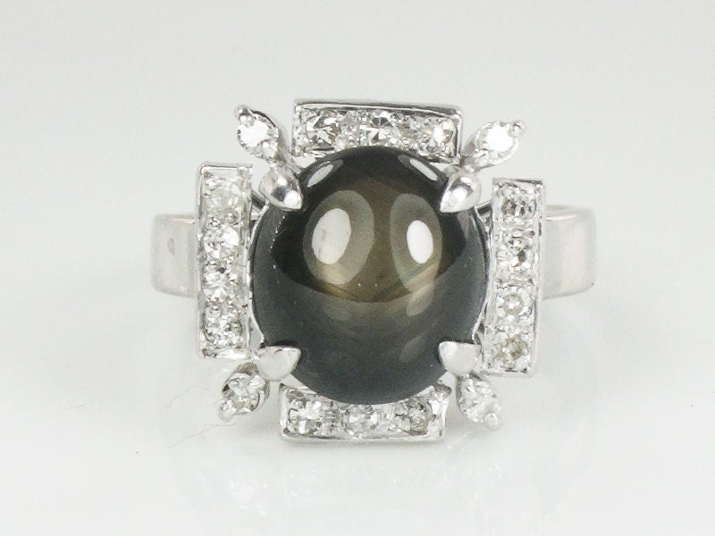 Vintage Platinum Natural Black Star Sapphire and Diamond Ring