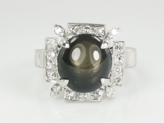 Vintage Platinum Natural Black Star Sapphire and Diamond Ring