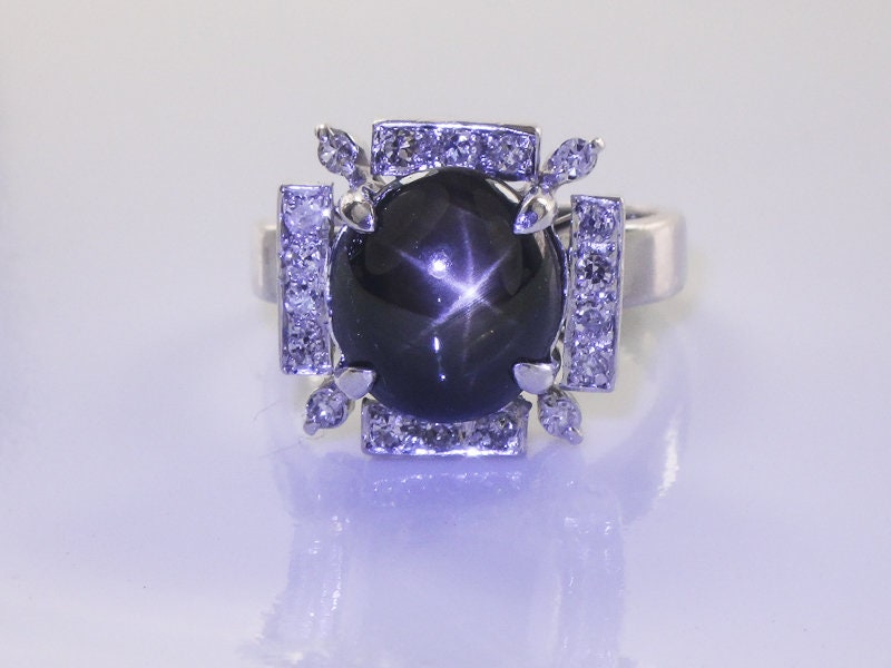 Vintage Platinum Natural Black Star Sapphire and Diamond Ring