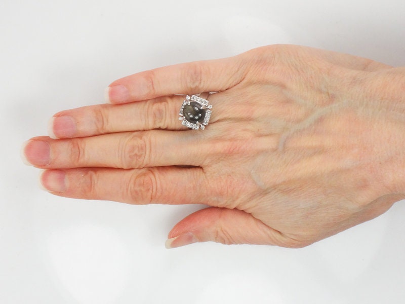 Vintage Platinum Natural Black Star Sapphire and Diamond Ring