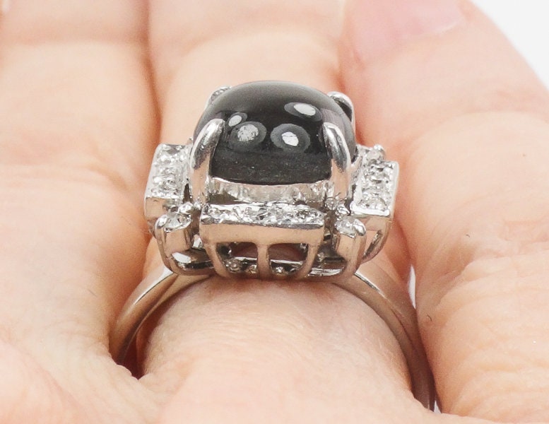 Vintage Platinum Natural Black Star Sapphire and Diamond Ring