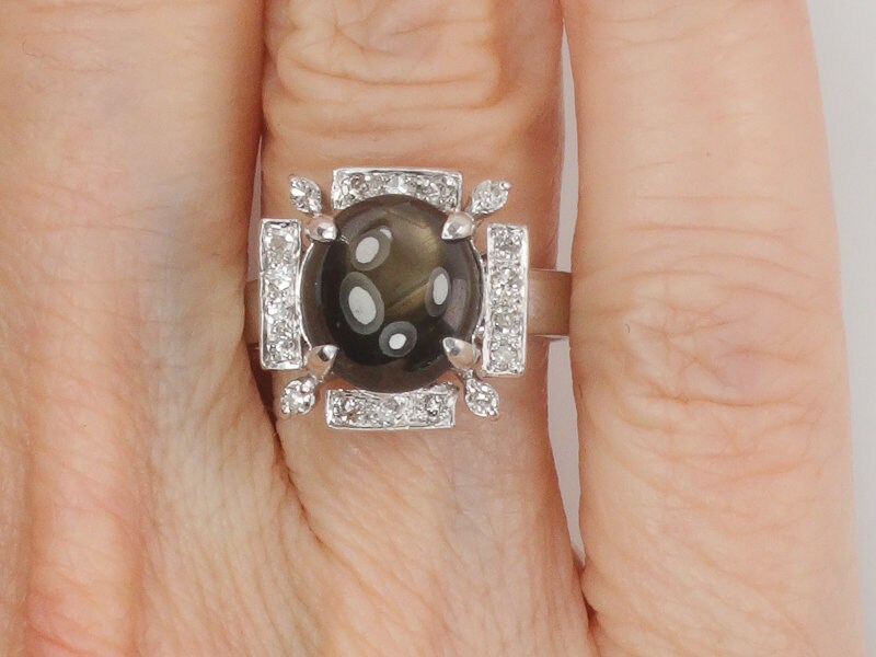 Vintage Platinum Natural Black Star Sapphire and Diamond Ring