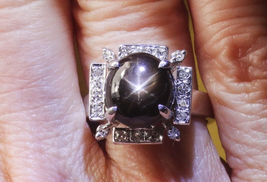 Vintage Platinum Natural Black Star Sapphire and Diamond Ring