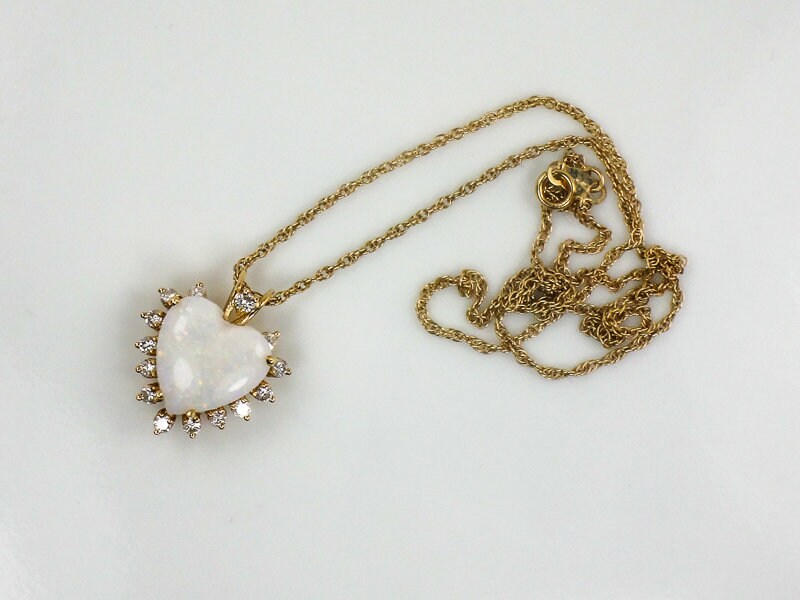Vintage 14k Yellow Gold Natural Opal and Diamond Heart Pendant Necklace, October Birthstone 16"