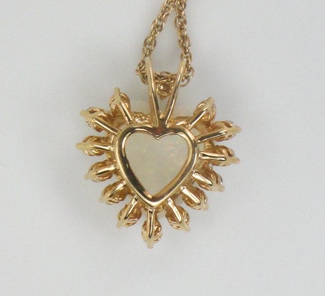 Vintage 14k Yellow Gold Natural Opal and Diamond Heart Pendant Necklace, October Birthstone 16"