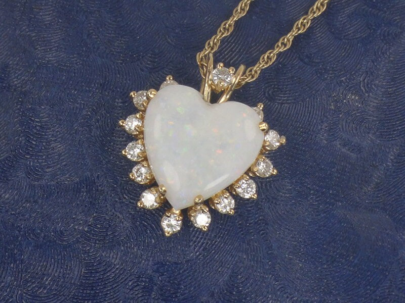 Vintage 14k Yellow Gold Natural Opal and Diamond Heart Pendant Necklace, October Birthstone 16"