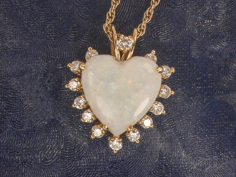 Vintage 14k Yellow Gold Natural Opal and Diamond Heart Pendant Necklace, October Birthstone 16"