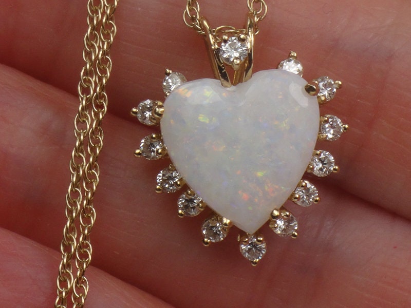 Vintage 14k Yellow Gold Natural Opal and Diamond Heart Pendant Necklace, October Birthstone 16"