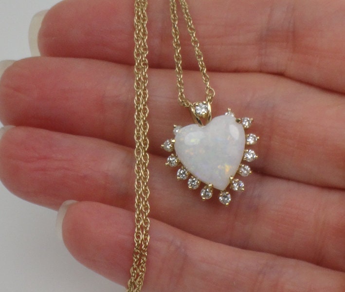 Vintage 14k Yellow Gold Natural Opal and Diamond Heart Pendant Necklace, October Birthstone 16"