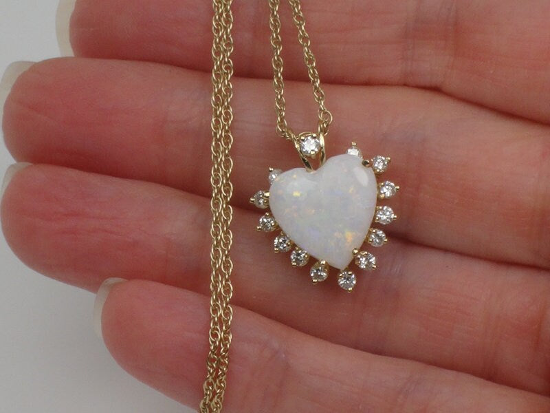 Vintage 14k Yellow Gold Natural Opal and Diamond Heart Pendant Necklace, October Birthstone 16"