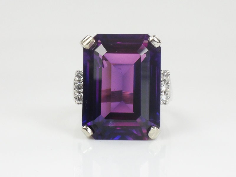 Vintage 14k White Gold Large Rectangle Cut Purple Sapphire and Diamond Ring Size 8
