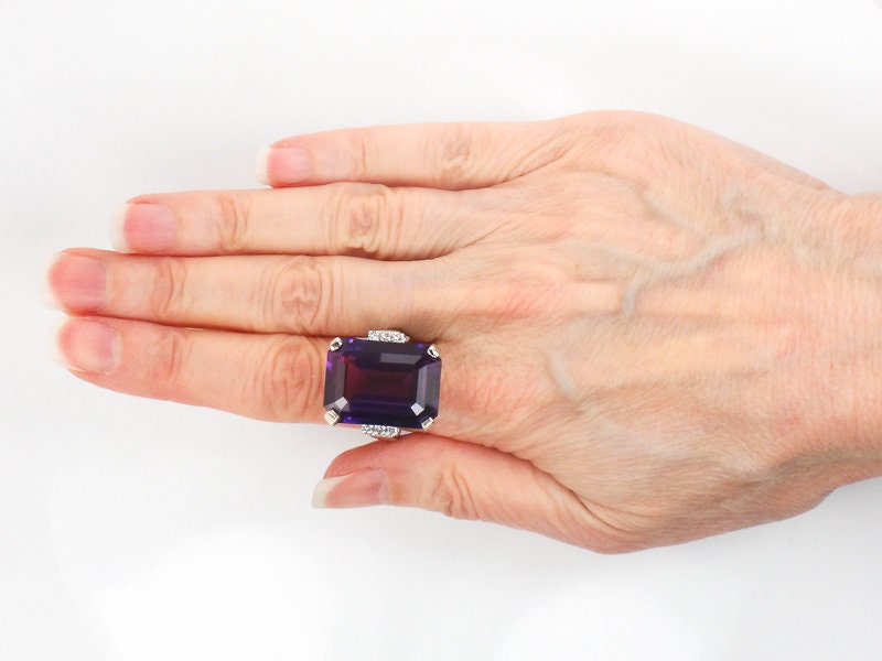 Vintage 14k White Gold Large Rectangle Cut Purple Sapphire and Diamond Ring Size 8