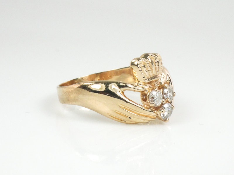 Vintage 14k Gold Natural Diamond Claddagh Ring Irish Claddagh Wedding Band Size 7