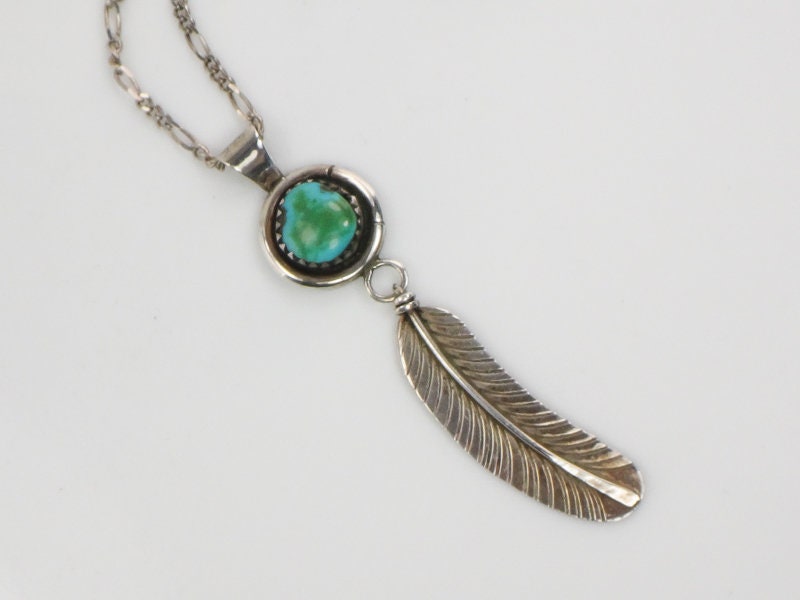 Vintage Gary Reeves Navajo Large Sterling Silver Turquoise Feather Pendant Necklace 16"