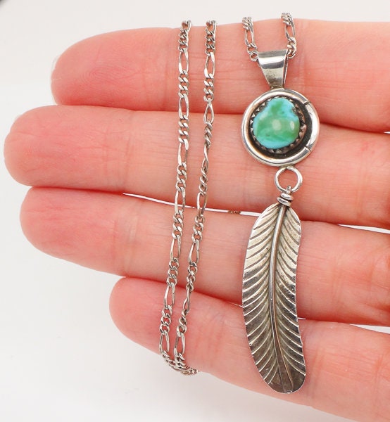 Vintage Gary Reeves Navajo Large Sterling Silver Turquoise Feather Pendant Necklace 16"