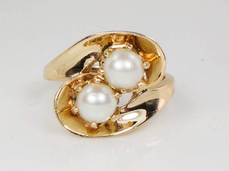 Vintage 14k Yellow Gold Pearl Toi et Moi Ring - Baden and Foss, Size 4.25