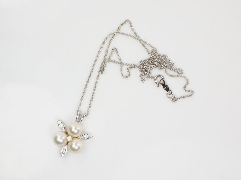 Vintage 14k White Gold Three Cultured Pearl and Diamond Pendant Necklace Trefoil Bride Necklace 16"