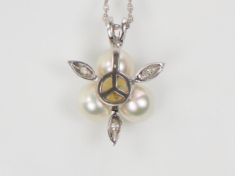 Vintage 14k White Gold Pearl & Diamond Pendant Necklace, Trefoil Design