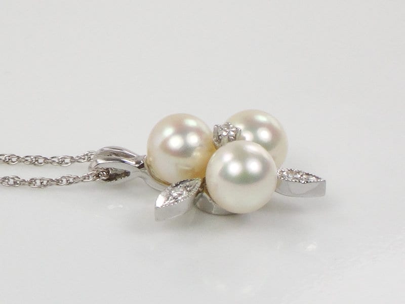 Vintage 14k White Gold Pearl & Diamond Pendant Necklace, Trefoil Design
