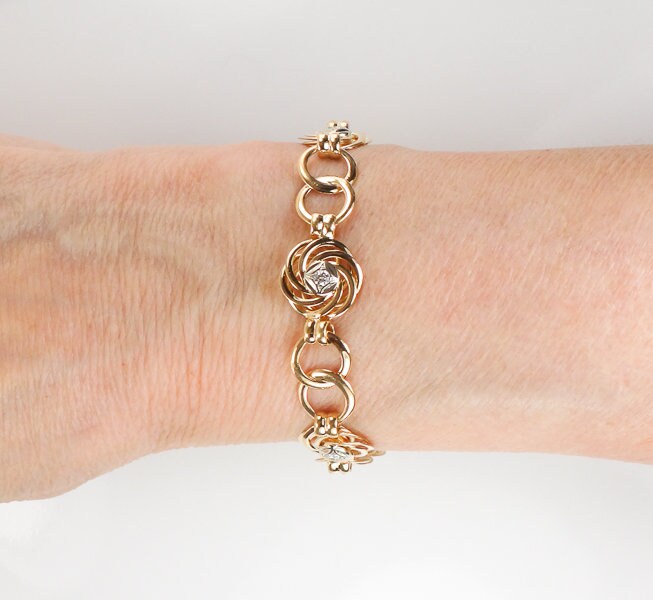 Vintage Retro 14k Yellow Gold Diamond Fancy Circle Link Bracelet 7.75"