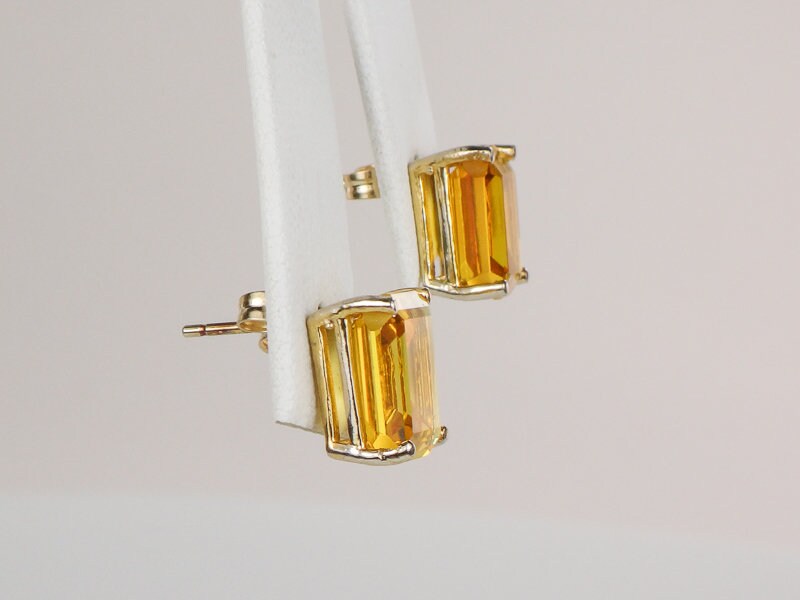 Vintage 14k Gold Rectangle Cut Yellow Sapphire Stud Earrings