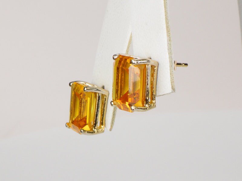Vintage 14k Gold Rectangle Cut Yellow Sapphire Stud Earrings