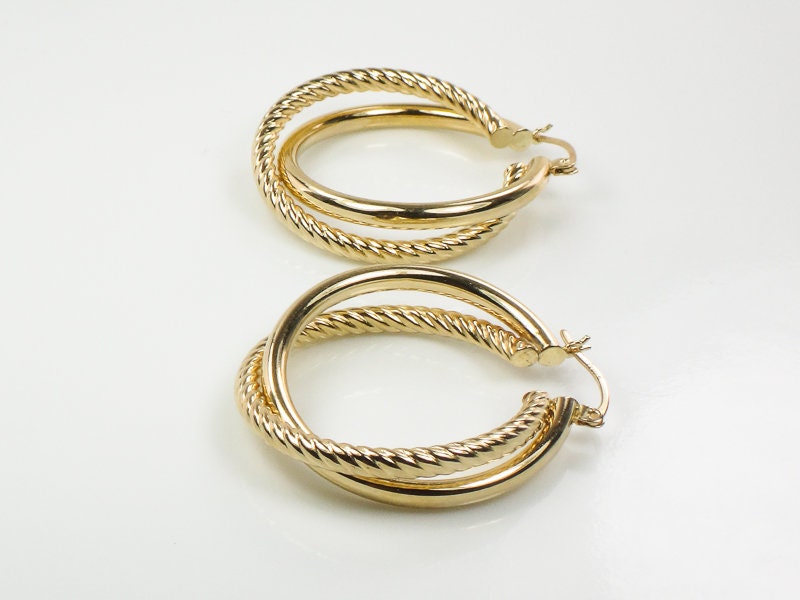 Vintage Large 14k Yellow Gold Fancy Twist Double Hoop Earrings 1.25" Round Hoop Earrings